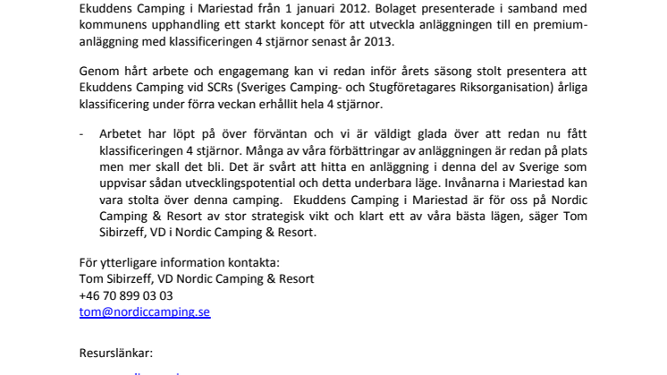 Ekuddens Camping i Mariestad erhåller 4 stjärnor på rekordtid