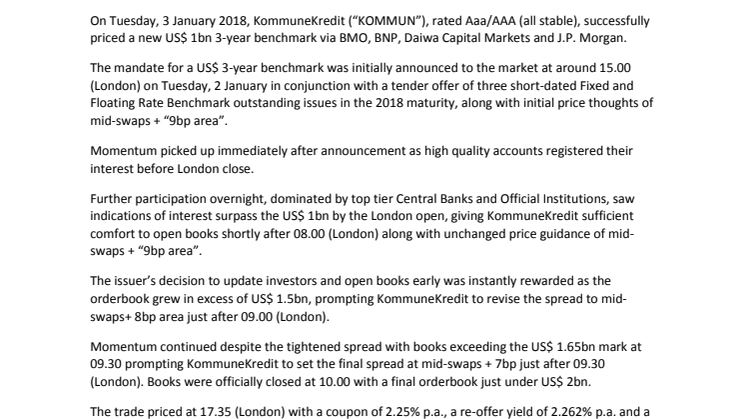 KommuneKredit starts 2018 with a new 3-year USD benchmark and a Tender and Switch Offer in 3 series