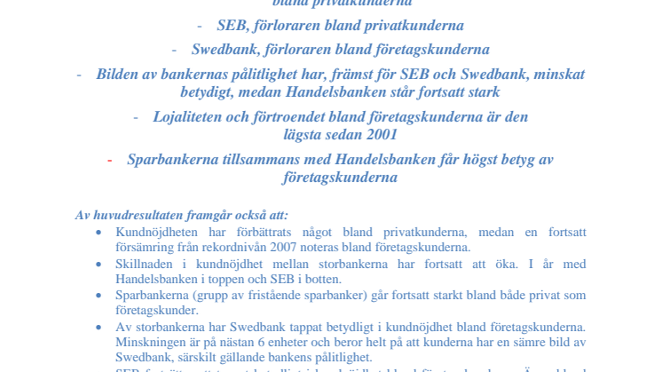 Bankerna 2009 enligt Svenskt Kvalitetsindex
