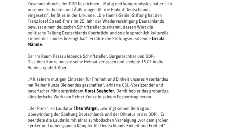 „Poetischer Wegbereiter“ der Deutschen Einheit: Reiner Kunze erhält den Franz Josef Strauß-Preis