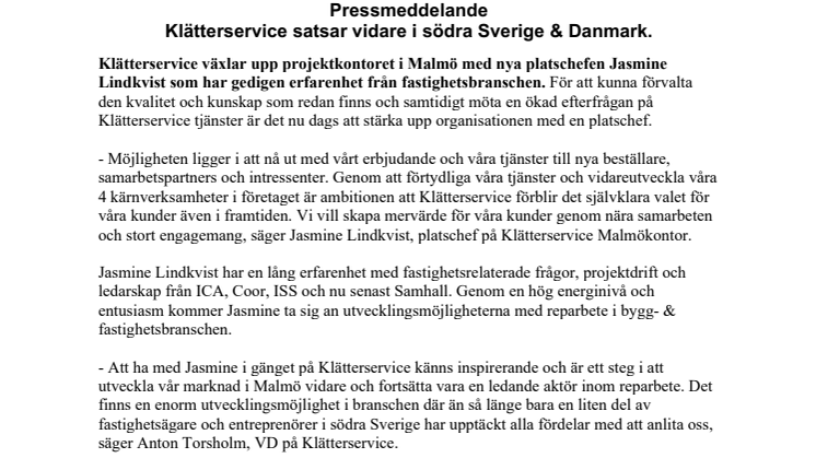 Klätterservice satsar vidare i södra Sverige & Danmark.