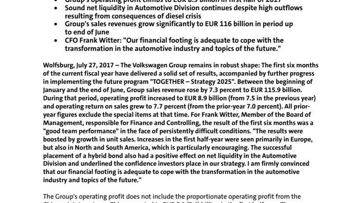 Volkswagen Group: Solid six months paves way for future