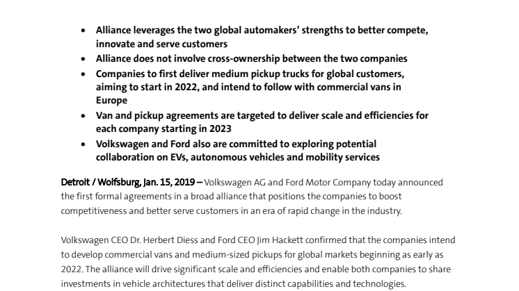 Volkswagen AG and Ford Motor Company Launch Global Alliance