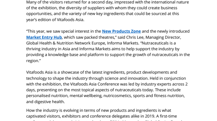 Vitafoods Asia 2019 delights with the latest global nutraceutical developments to Asia, growing 24% year-on-year