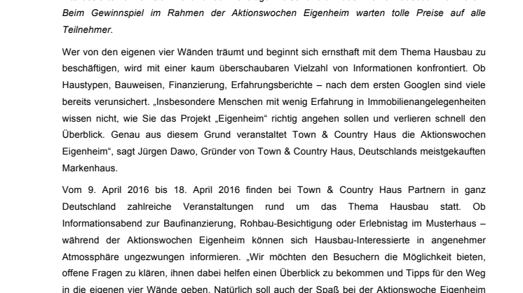 Informieren, staunen und gewinnen:  Aktionswochen Eigenheim vom 9. bis  18. April 2016