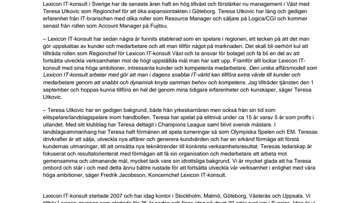 Teresa Utkovic förstärker Lexicon IT-konsults management i Väst
