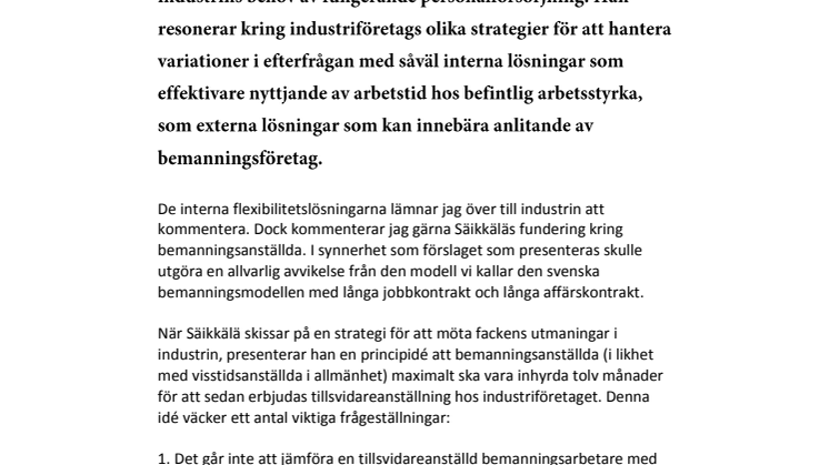 Debattreplik: IF Metall utmanar den svenska bemanningsmodellen