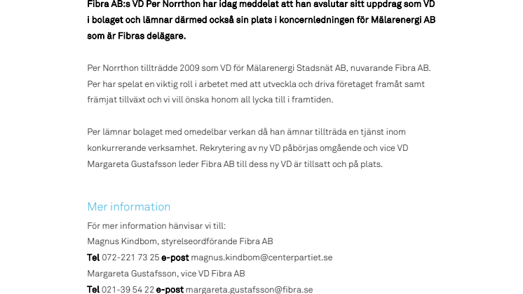 Per Norrthon slutar som VD på Fibra AB