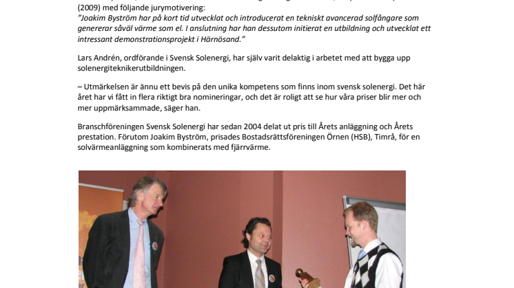 Årets solenergipris för extraordinära prestationer gick till Härnösand