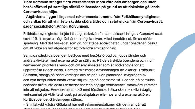 Pressmeddelande om Tibro kommuns åtgärder för att motverka spridning av Coronavirus i vård- och omsorgsverksamheten