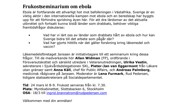 Inbjudan till Frukostseminarium Ebola 24 mars
