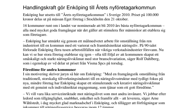 Enköping utsedd till Årets nyföretagarkommun