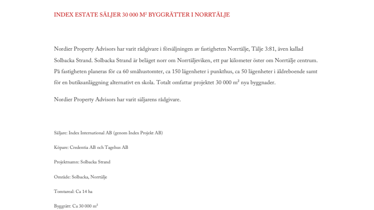 INDEX ESTATE SÄLJER 30 000 KVM BYGGRÄTTER I NORRTÄLJE