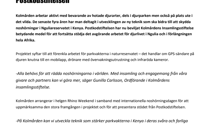 Kolmården ska rädda noshörningar med stöd från  Postkodstiftelsen