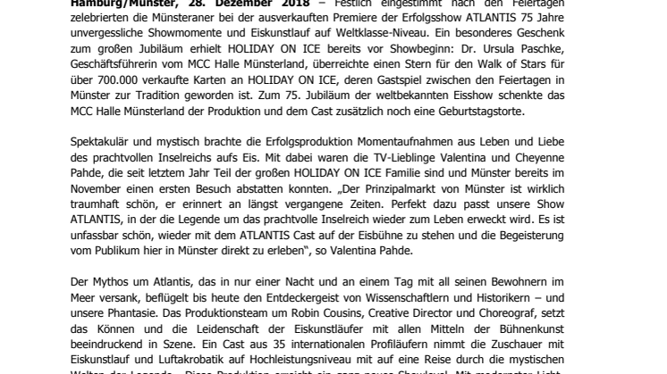 Stern für HOLIDAY ON ICE bei ausverkaufter Premiere der Erfolgsshow ATLANTIS in Münster