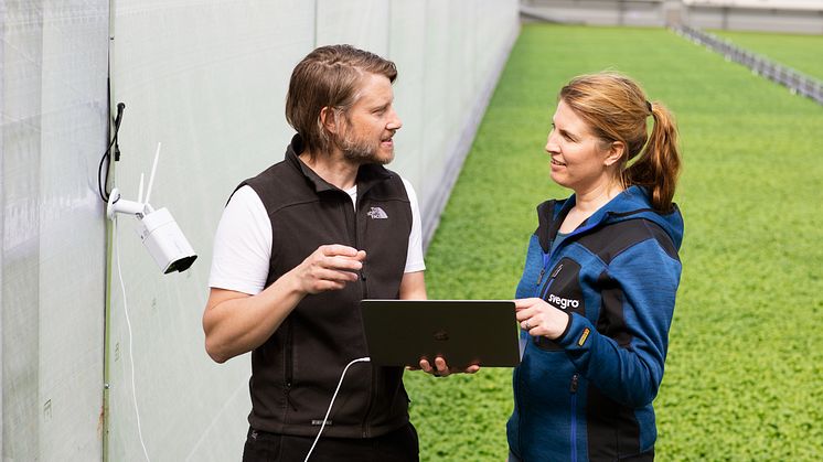 Lisa Lindström, odlingschef Svegro och Erik Fredlund, AI-konsult Codon Consulting installerar framtidens odling.