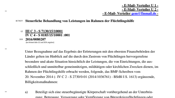 Steuerliche Behandlung von Leistungen im Rahmen der Flüchtlingshilfe