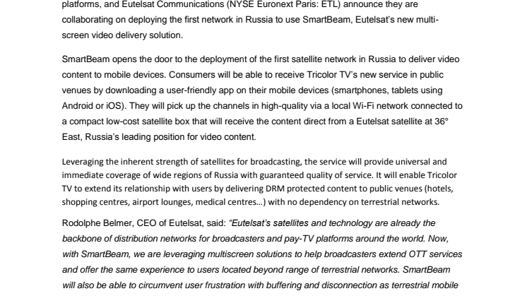 ​​​Russia’s Tricolor TV first to launch Eutelsat’s new ‘SmartBeam’ Multiscreen Video Delivery Service
