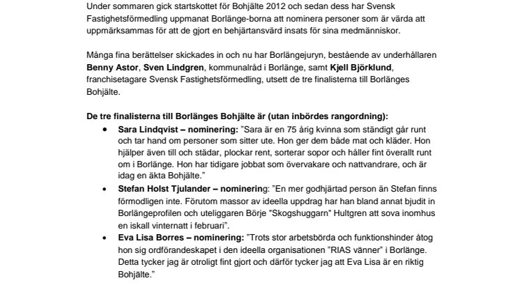 Finalisterna i Borlänges Bohjälte är nu utsedda