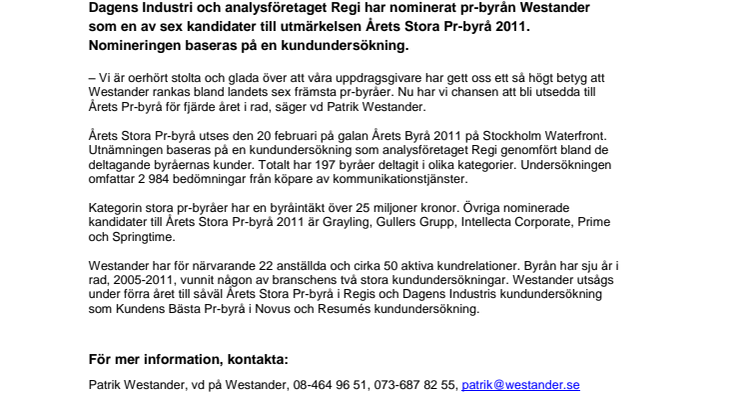 Westander nominerad till Årets Stora Pr-byrå