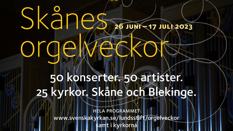 50 konserter, 50 artister, 25 kyrkor i Skåne och Blekinge. 41:a året med Skånes orgelveckor arrangeras 26 juni-17 juli.