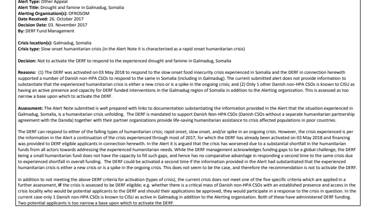 Alert Note: Drought and famine in Galmadug Somalia (17-013-RO) (Not Activated)