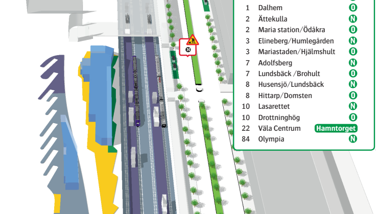 Karta över tillfälliga hållplatser under ombyggnad av Järnvägsgatan utanför Helsingborg C