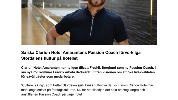 Så ska Clarion Hotel Amarantens Passion Coach förverkliga Stordalens kultur på hotellet