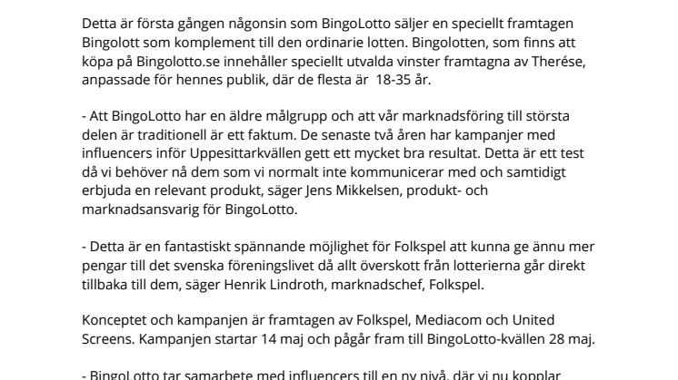 THERÉSE LINDGREN GÖR SIN EGNA YOUTUBE-BINGOLOTT