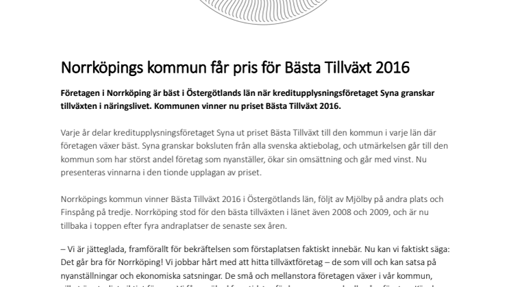 Norrköpings kommun får pris för Bästa Tillväxt 2016