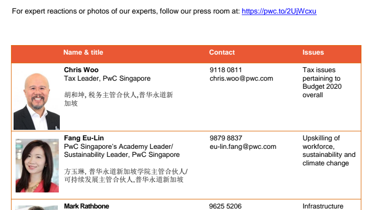 Singapore Budget 2020 - PwC's media spokespersons list