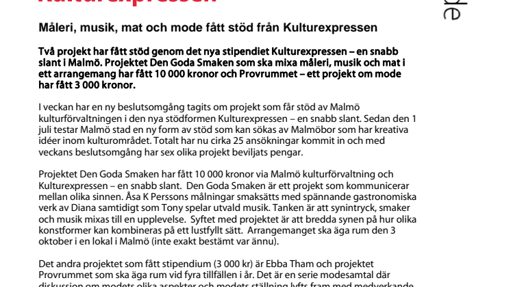 Måleri, musik, mat och mode fått stöd från Kulturexpressen