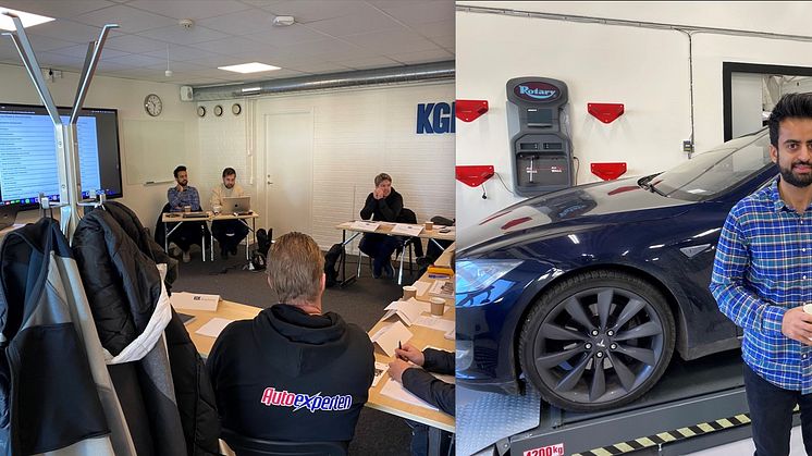 T.v - ett av de första kurstillfällena hos KGK Academy för norska EV Hubs "Real life problem course" om Teslas bilar. T.h - Nassir Farooq, EV Hubs grundare. Foto: Pierre Kjellin