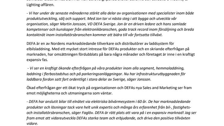 DEFA anställer ny Sales & Market Director för e-mobility och Lighting