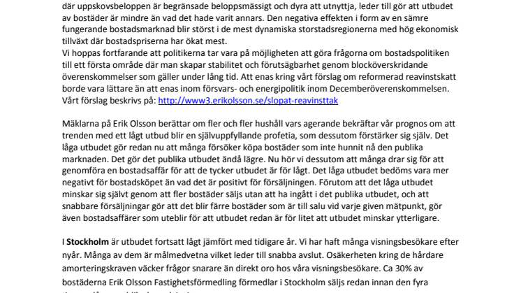 Erik Olsson Fastighetsförmedling kommenterar bostadsmarknaden 16 januari 2015