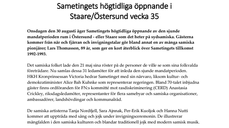 Sametingets högtidliga öppnande i Staare/Östersund vecka 35