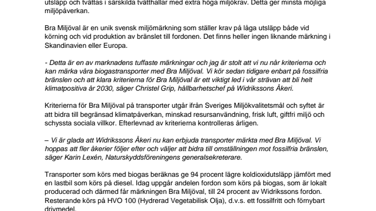 Widrikssons transporter först i Sverige med Bra Miljöval