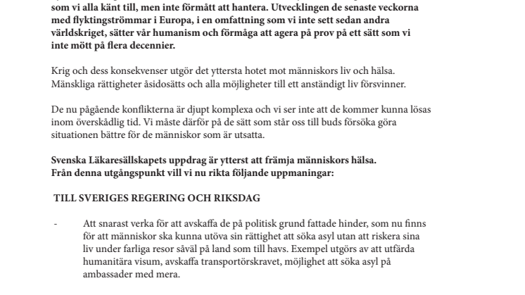 Svenska Läkaresällskapets upprop om flyktingkatastrofen!