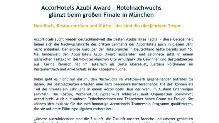 AccorHotels Azubi Award - Hotelnachwuchs glänzt beim großen Finale in München