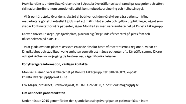 Knivsta Läkargrupp är Uppsalas fjärde bästa vårdcentral 