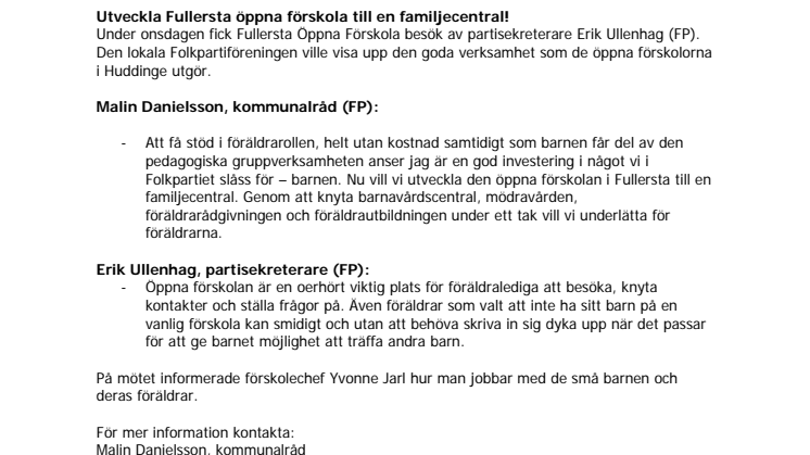 FP: Utveckla Fullersta öppna förskola till en familjecentral