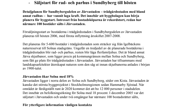 Grönt ljus för trädgårdsstaden i Järvastaden -	Säljstart för rad- och parhus i Sundbyberg till hösten