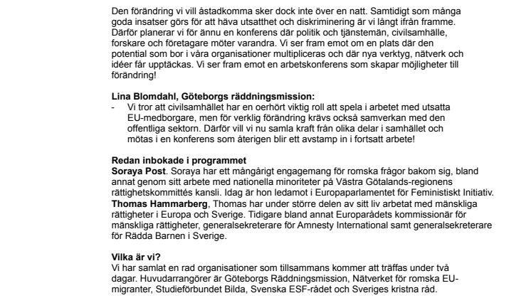 Ny arbetskonferens om utsatta EU-medborgare i Göteborg oktober 2016