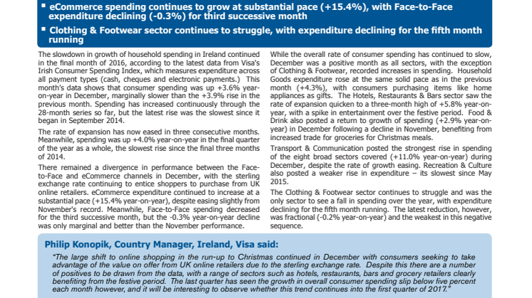Irish eCommerce spending rises by +15.4% in December, but growth in overall consumer expenditure continues to slow