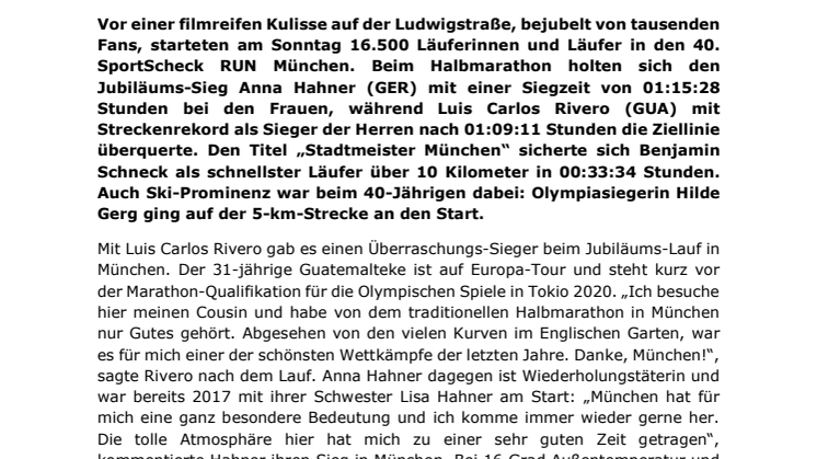Anna Hahner und Luis Carlos Rivero siegen beim SportScheck RUN 2018: München feiert 40-Jähriges