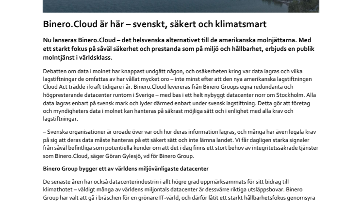 Binero Group lanserar Binero.Cloud – en svensk, säker och klimatsmart molntjänst