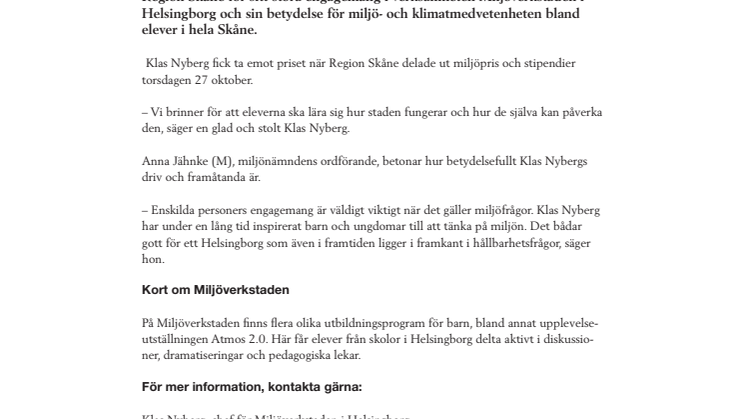Klas Nyberg från Helsingborg prisas för sitt miljöengagemang