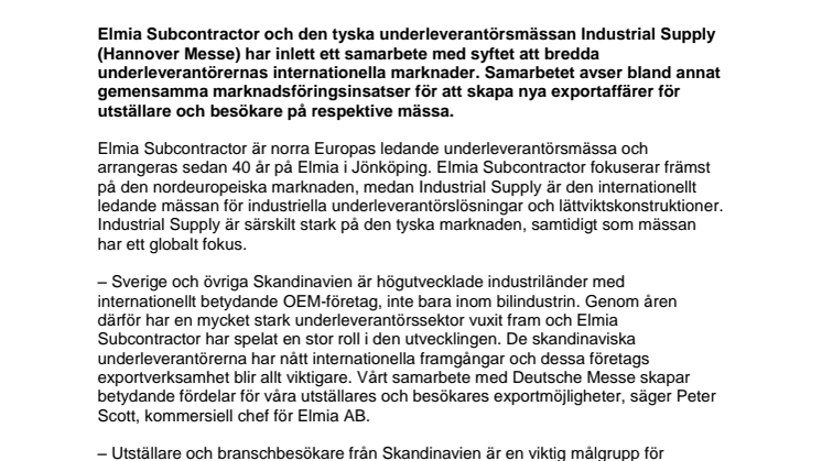 Elmia Subcontractor och Industrial Supply samarbetar