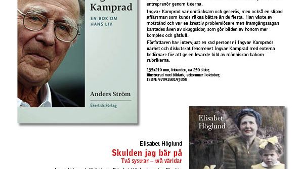 Biografi om Ingvar Kamprad och Elisabet Höglund om sin okända syster bland Ekerlids Förlags höstutgivning