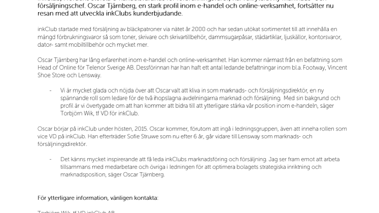 Oscar Tjärnberg blir inkClubs  nya marknads- och försäljningschef